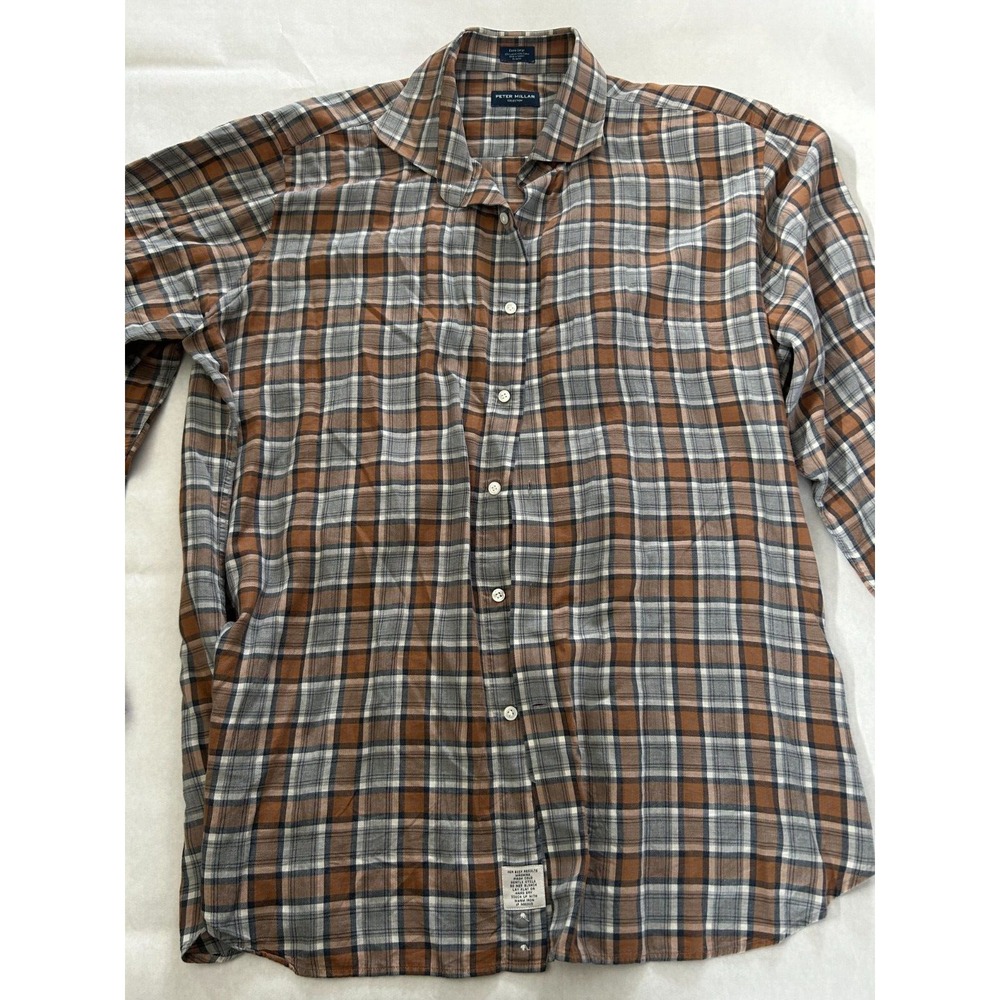 Peter Millar Autumn Fall Color White‎ Plaid Button Knit Dress Shirt Mens XL EUC
